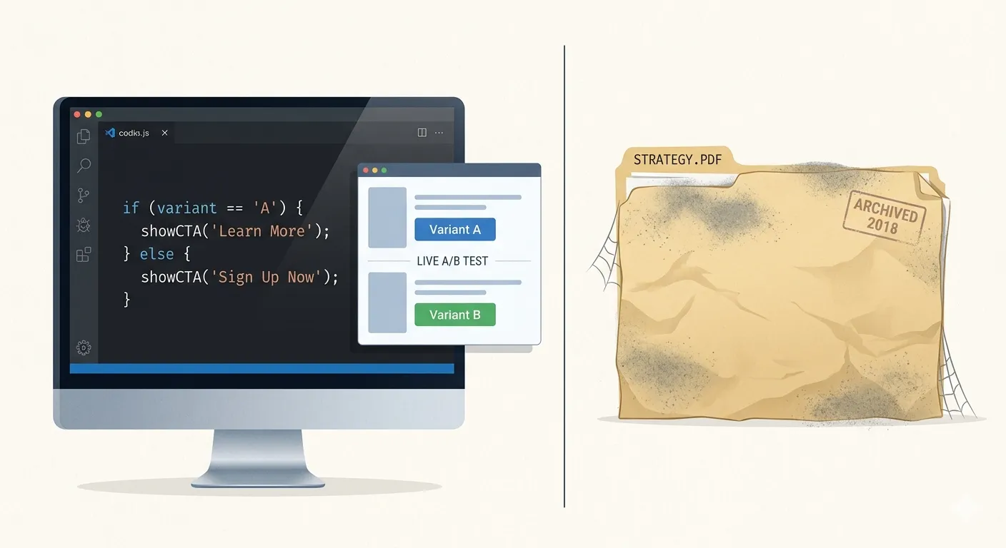 Illustration: code editor showing a live A/B test variant being built — contrast with a dusty 'Strategy.pdf' document. Minimal, editorial style.