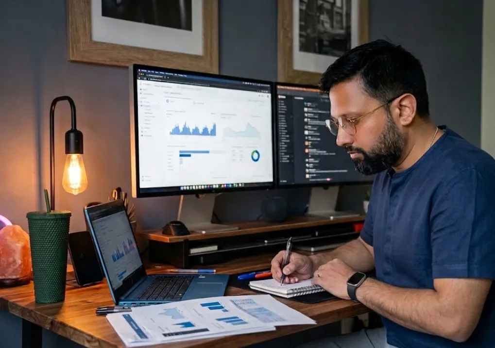 Adi at his desk reviewing analytics data.
