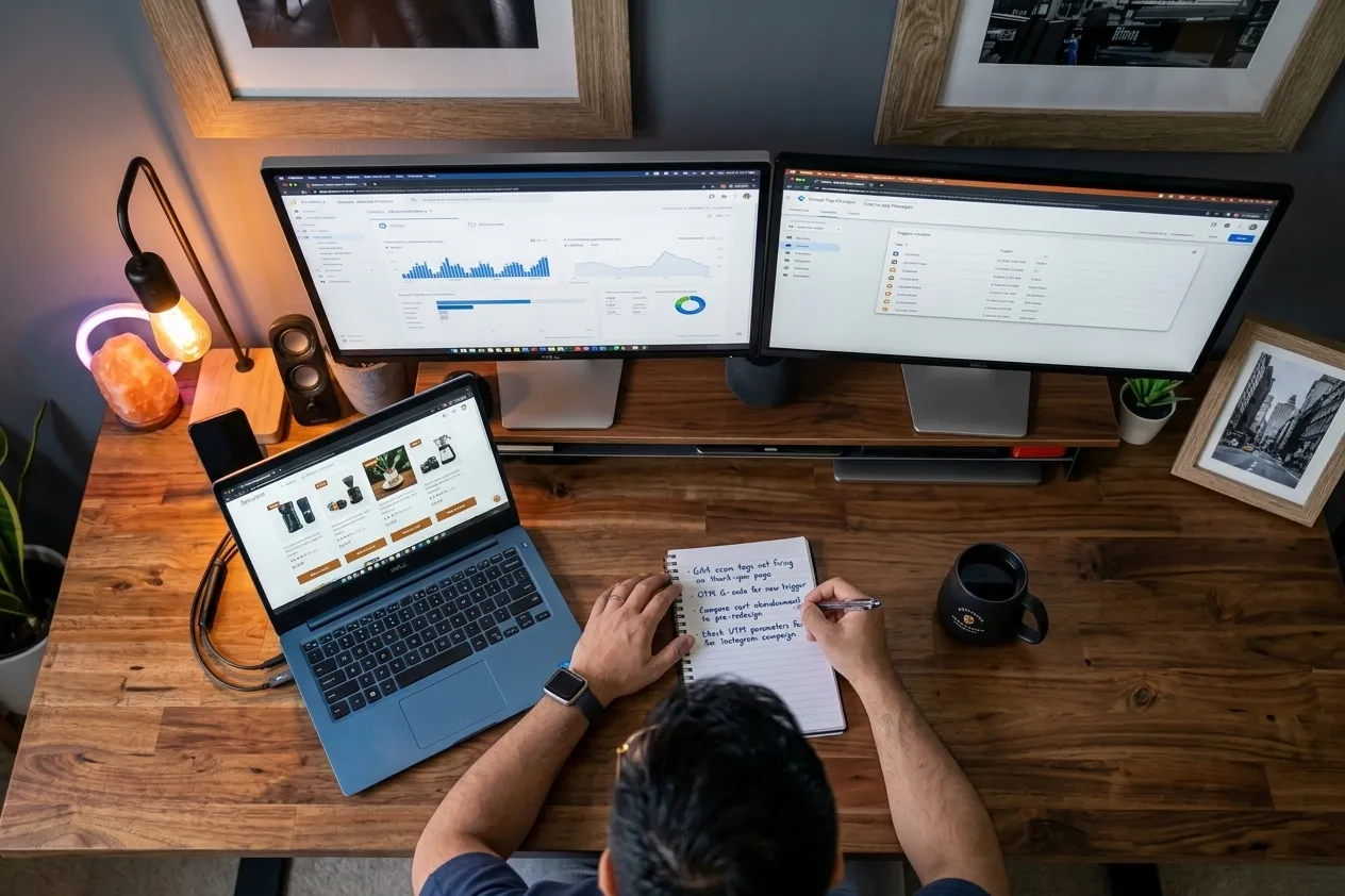 Overhead view of a focused analytics workspace