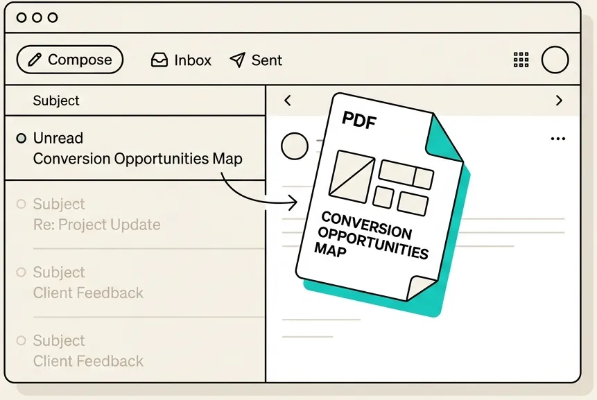Illustration: A clean, structured PDF landing in an inbox — labelled 'Conversion Opportunities Map'. Simple line-art style, warm off-white background, teal accent on the document.