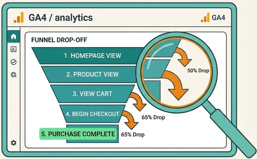 Illustration: A magnifying glass hovering over a GA4 / analytics dashboard — funnel drop-off visible with key stages highlighted. Technical but visually clean.