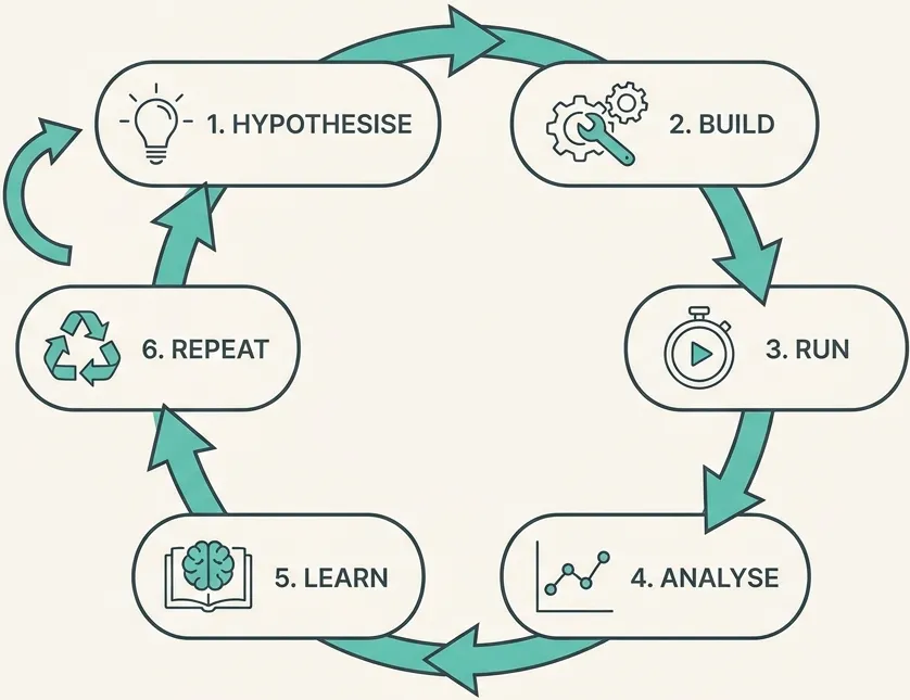 Illustration: A continuous experiment cycle — circular flow: Hypothesise → Build → Run → Analyse → Learn → repeat. Clean, editorial, teal accents on the arrows.