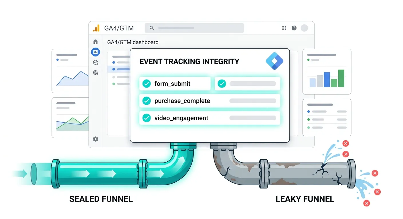 Illustration: a GA4 dashboard showing a clean funnel with accurate conversion data — contrast with a messy dashboard with misfiring events. Clean, editorial style with teal accents.