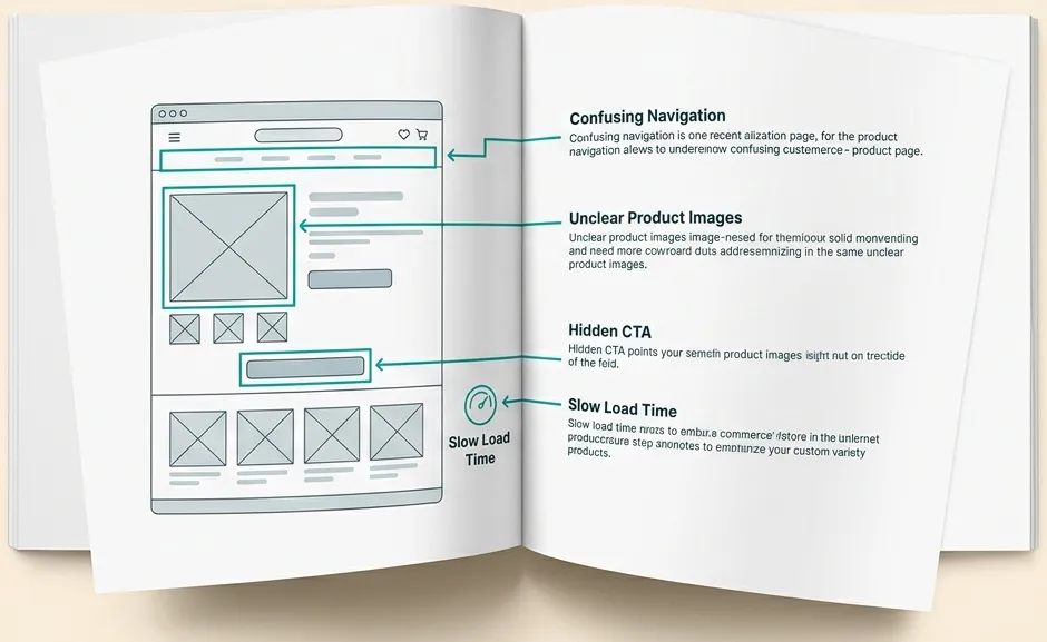 Illustration: A clean, annotated PDF document spread open — with arrows pointing to highlighted friction points on a simplified store page. Warm off-white tones, teal accent annotations.