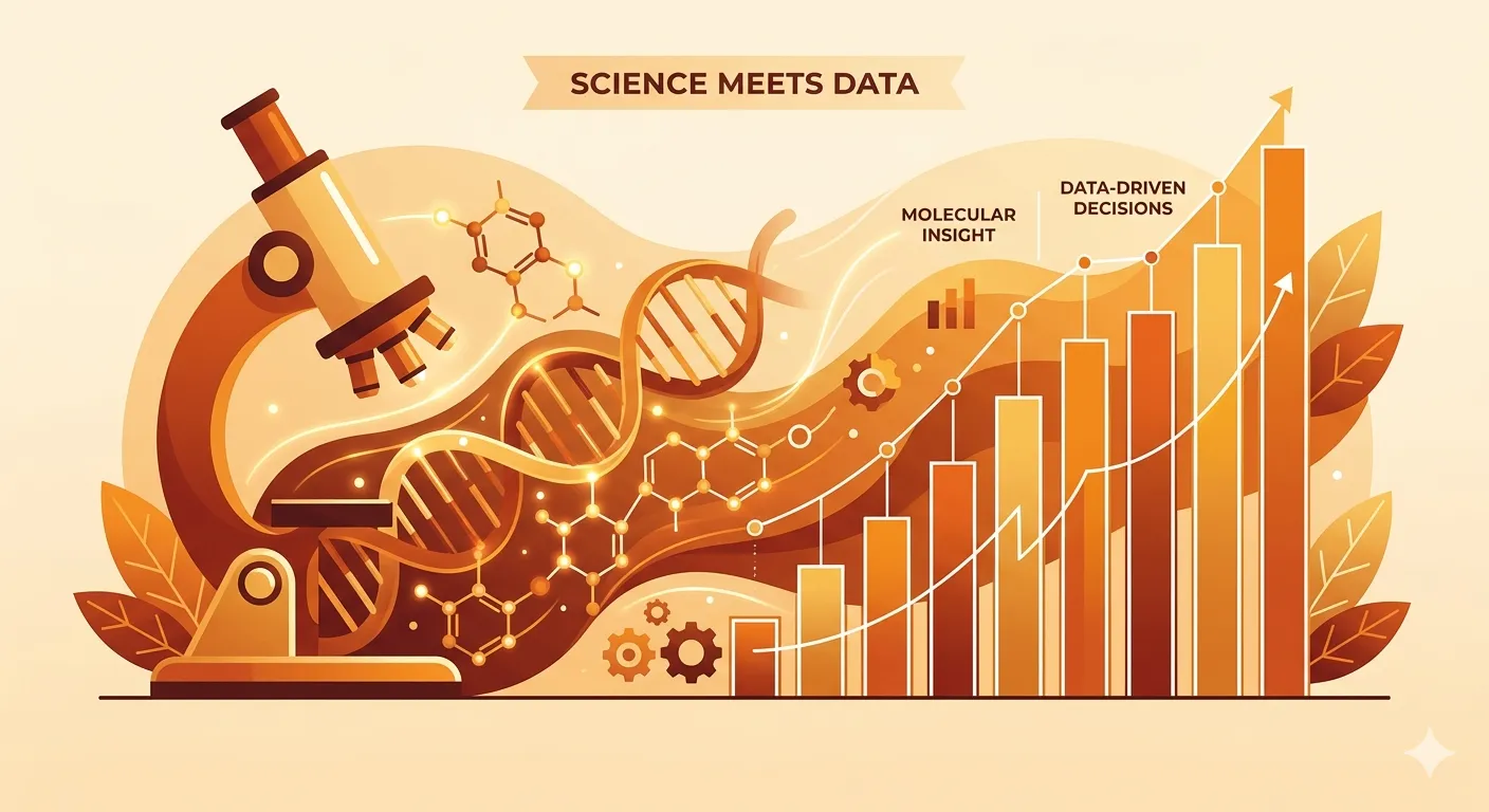 Illustration: microscope / molecular structure blending into a bar chart — science meets data. Warm tones.