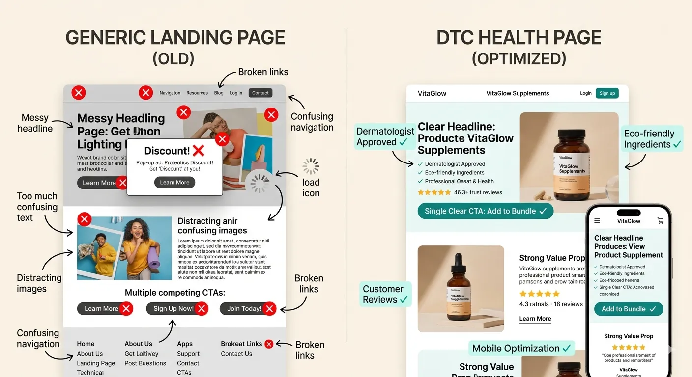 Illustration: Split-screen — left: a generic, cluttered landing page with red X annotations; right: a clean, conversion-focused DTC health page with teal ✓ markers highlighting trust signals and CTA placement.