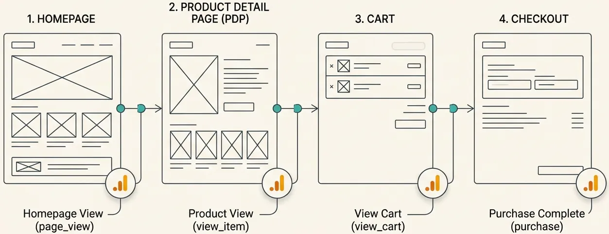 Illustration: Clean Shopify / WooCommerce store architecture diagram — simplified wireframe flow showing Homepage → PDP → Cart → Checkout with GA4 tracking nodes indicated at each stage.